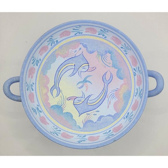 Minoan Art Pottery Hand Painted Ceramic Pedestal Bowl With Handles Museum Copy - Picture 3 of 11